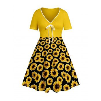 Plus Size Dress Sunflower Print Colorblock Tied Front High Waisted A Line Midi Dress, Black
Plus Size Dress Sunflower Print Colorblock Tied Front High Waisted A Line Midi Dress, Black