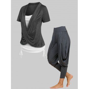 Colorblock Crossover Cinched Faux Twinset Tee And Elastic High Waist Draped Lantern Pants Outfit, Gray
Colorblock Crossover Cinched Faux Twinset Tee And Elastic High Waist Draped Lantern Pants Outfit, Gray