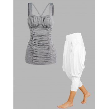 Ruched Bust Crisscross Heathered Tank Top And Pleated Draped Lantern Pants Casual Outfit, Multicolor
Ruched Bust Crisscross Heathered Tank Top And Pleated Draped Lantern Pants Casual Outfit, Multicolor
