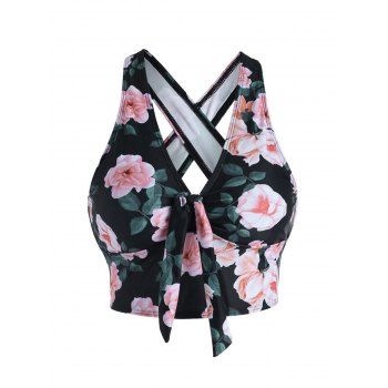 

Flower Print Tankini Swimsuit Top Bowknot Tied Crossover Padded Swimwear Top, Black