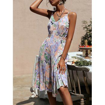 Pleated Allover Print Spaghetti Strap Midi Dress V Neck High Waist Cami Dress, Light purple
Pleated Allover Print Spaghetti Strap Midi Dress V Neck High Waist Cami Dress, Light purple