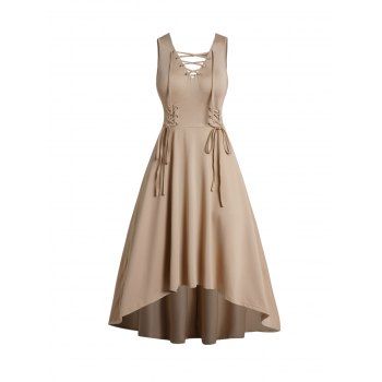 Lace Up Dress Plain Color V Neck Sleeveless Empire Waist High Low Midi Dress, Light coffee
Lace Up Dress Plain Color V Neck Sleeveless Empire Waist High Low Midi Dress, Light coffee