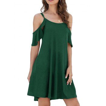 Solid Color Cold Shoulder Flutter Short Sleeve Mini Dress Casual Adjustable Spaghetti Strap Dress, Deep green
Solid Color Cold Shoulder Flutter Short Sleeve Mini Dress Casual Adjustable Spaghetti Strap Dress, Deep green