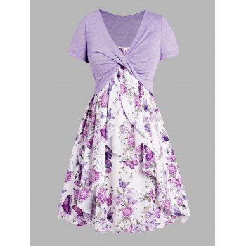 

Plus Size Set Flower Butterfly Print Ruffle A Line Midi Dress And Heather Twisted Cropped Top Set, Purple