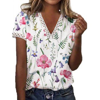 Flower Leaf Print Cottagecore T-shirt Hollow Out Lace Guipure Trim V Neck Short Sleeve Tee, White
Flower Leaf Print Cottagecore T-shirt Hollow Out Lace Guipure Trim V Neck Short Sleeve Tee, White