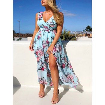 Flower Print Vacation Maxi Dress High Slit Surplice Plunge High Waist Dress, Light blue
Flower Print Vacation Maxi Dress High Slit Surplice Plunge High Waist Dress, Light blue