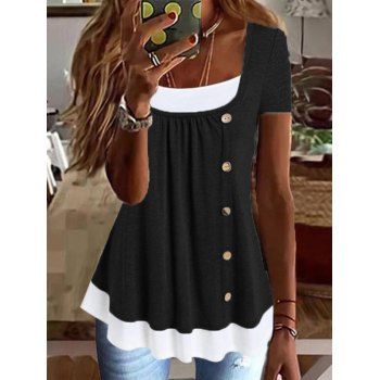 Colorblock Short Sleeve Faux Twinset T-shirt Ruched Mock Button 2 In 1 Tee, Black
Colorblock Short Sleeve Faux Twinset T-shirt Ruched Mock Button 2 In 1 Tee, Black