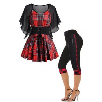 Plaid Print Lace Up See Thru Chiffon Flutter Sleeve Long T-shirt And High Waist Cropped Leggings Outfit, Multicolor
Plaid Print Lace Up See Thru Chiffon Flutter Sleeve Long T-shirt And High Waist Cropped Leggings Outfit, Multicolor