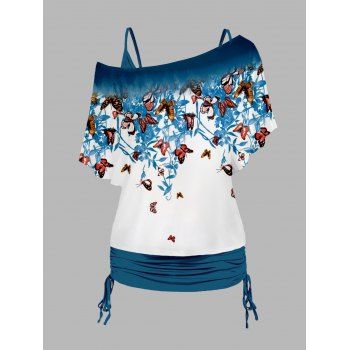 Plus Size Butterfly Leaf Print Skew Neck T Shirt And Plain Cinched Ruched Long Tank Top Colorblock Set, Blue
Plus Size Butterfly Leaf Print Skew Neck T Shirt And Plain Cinched Ruched Long Tank Top Colorblock Set, Blue