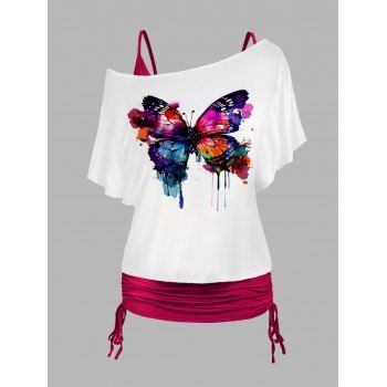 

Plus Size Colored Butterfly Print Skew Neck T Shirt And Plain Cinched Ruched Long Tank Top Colorblock Set, Red