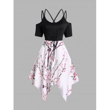 Peach Blossom Flower Print Dress Lace Up Crisscross Cold Shoulder Asymmetrical Midi Dress, Black
Peach Blossom Flower Print Dress Lace Up Crisscross Cold Shoulder Asymmetrical Midi Dress, Black