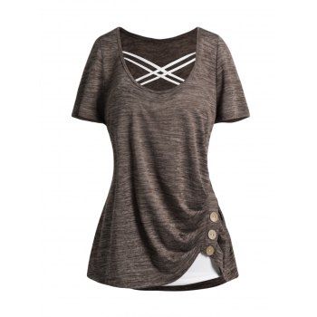 Ruched Heathered Short Sleeve Mock Button T-shirt And Lattice Adjustable Spaghetti Strap Camisole Set, Coffee
Ruched Heathered Short Sleeve Mock Button T-shirt And Lattice Adjustable Spaghetti Strap Camisole Set, Coffee