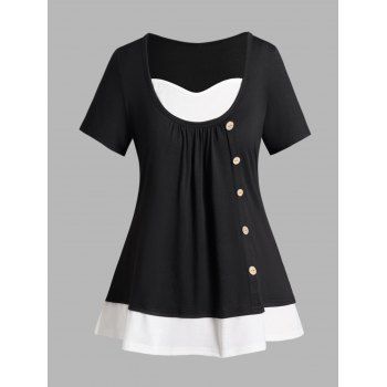 Plus Size T Shirt Contrast Colorblock Mock Button Ruched Faux Twinset T Shirt, Black
Plus Size T Shirt Contrast Colorblock Mock Button Ruched Faux Twinset T Shirt, Black