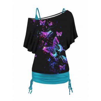 Colored Butterfly Print Skew Neck T Shirt And Plain Cinched Ruched Long Tank Top Colorblock Set, Black
Colored Butterfly Print Skew Neck T Shirt And Plain Cinched Ruched Long Tank Top Colorblock Set, Black