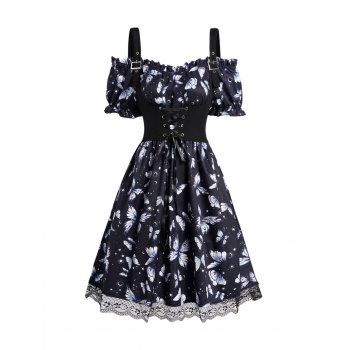 Off The Shoulder Sun Moon Star Butterfly Print Ruffles Elastic Waist Mini Dress And Lace Up Buckle Strap Crop Tank Top Set, Black
Off The Shoulder Sun Moon Star Butterfly Print Ruffles Elastic Waist Mini Dress And Lace Up Buckle Strap Crop Tank Top Set, Black