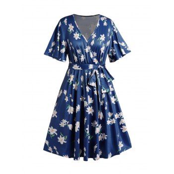 Plus Size Dress Flower Print Surplice Plunging Neck Belted High Waisted A Line Mini Dress, Deep blue
Plus Size Dress Flower Print Surplice Plunging Neck Belted High Waisted A Line Mini Dress, Deep blue