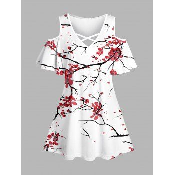 

Floral Print Cold Shoulder T-shirt Crisscross V Neck Short Sleeve Tee, White