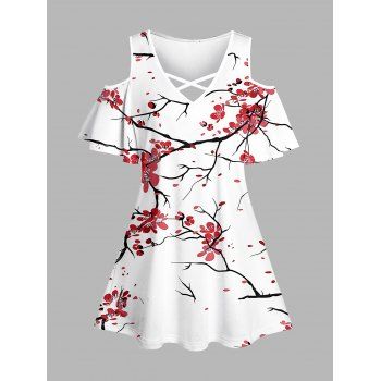 Floral Print Cold Shoulder T-shirt Crisscross V Neck Short Sleeve Tee, White
Floral Print Cold Shoulder T-shirt Crisscross V Neck Short Sleeve Tee, White
