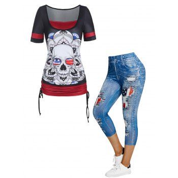 Colorblock Skull Floral Ruched Cinched Twofer T Shirt And American Flag Print 3D Capri Jeggings Patriotic Outfit, Multicolor
Colorblock Skull Floral Ruched Cinched Twofer T Shirt And American Flag Print 3D Capri Jeggings Patriotic Outfit, Multicolor