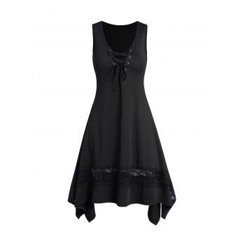 Lace Panel Dress Crisscross Asymmetrical Hem Sleeveless Plain Color Midi Dress, Black
Lace Panel Dress Crisscross Asymmetrical Hem Sleeveless Plain Color Midi Dress, Black