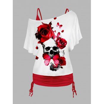 

Plus Size Colorblock Top Rose Butterfly Skull Print Skew Neck T Shirt And Plain Cinched Ruched Long Tank Top Set, Red