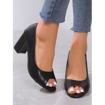

Solid Color Textured Fish Mouth Chunky Heel Sandals, Black