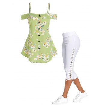 Flower Printed Spaghetti Strap Cold Shoulder Blouse And Lace Up Skinny Crop Leggings Casual Outfit, Multicolor
Flower Printed Spaghetti Strap Cold Shoulder Blouse And Lace Up Skinny Crop Leggings Casual Outfit, Multicolor