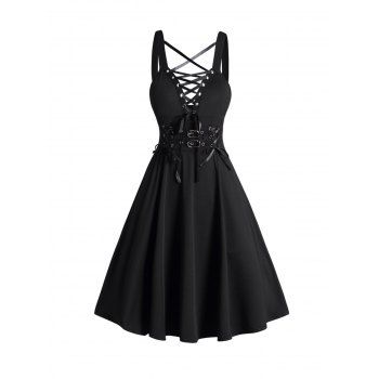 Gothic Dress Lace Up Buckle Strap Crisscross Plunging Neck High Waisted A Line Mini Dress, Black
Gothic Dress Lace Up Buckle Strap Crisscross Plunging Neck High Waisted A Line Mini Dress, Black