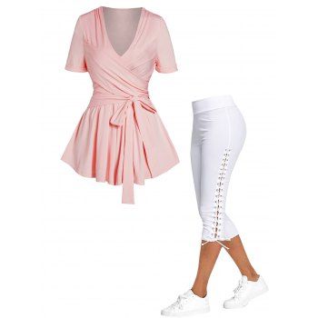 Crossover Bowknot Self-belt Top And Lace Up Skinny Crop Leggings Casual Outfit, Multicolor
Crossover Bowknot Self-belt Top And Lace Up Skinny Crop Leggings Casual Outfit, Multicolor