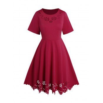 Plus Size Dress Flower Shaped Laser Cut Out Plain Color High Waisted A Line Midi Dress, Red
Plus Size Dress Flower Shaped Laser Cut Out Plain Color High Waisted A Line Midi Dress, Red