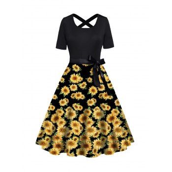 Sunflower Print Dress Crossover Back Belted High Waisted A Line Midi Dress, Black
Sunflower Print Dress Crossover Back Belted High Waisted A Line Midi Dress, Black