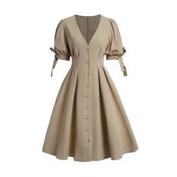 Button Up Plain Color Midi Dress Plunge Bowknot Short Sleeve Vintage Dress, Light coffee
Button Up Plain Color Midi Dress Plunge Bowknot Short Sleeve Vintage Dress, Light coffee
