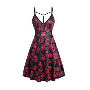 Plus Size Gothic Dress Allover Skull Print Lace Up Spaghetti Strap A Line Midi Dress, Deep red
Plus Size Gothic Dress Allover Skull Print Lace Up Spaghetti Strap A Line Midi Dress, Deep red