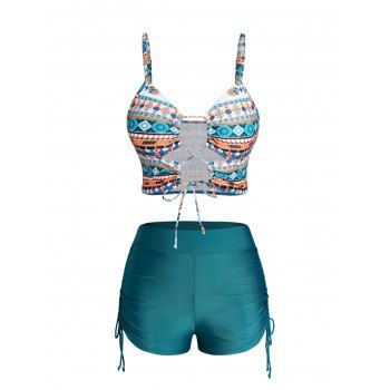 Tribal Print Tankini Swimsuit Lace Up Padded Tankini Two Piece Swimwear Cinched Boyleg Bathing Suit, Green
Tribal Print Tankini Swimsuit Lace Up Padded Tankini Two Piece Swimwear Cinched Boyleg Bathing Suit, Green