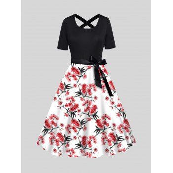 Floral Print Self Belted Bowknot Midi Dress Back Cross Short Sleeve Dress, Light pink
Floral Print Self Belted Bowknot Midi Dress Back Cross Short Sleeve Dress, Light pink