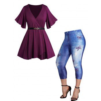 Plus Size Plunging Neck Surplice Belted T Shirt and Faux Denim Butterfly Print Capri Leggings Casual Outfit, Multicolor a
Plus Size Plunging Neck Surplice Belted T Shirt and Faux Denim Butterfly Print Capri Leggings Casual Outfit, Multicolor a