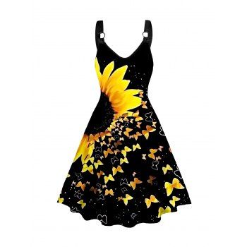 Plus Size Sunflower Butterfly Print A Line Dress O Ring V Neck Vacation Dress, Black
Plus Size Sunflower Butterfly Print A Line Dress O Ring V Neck Vacation Dress, Black