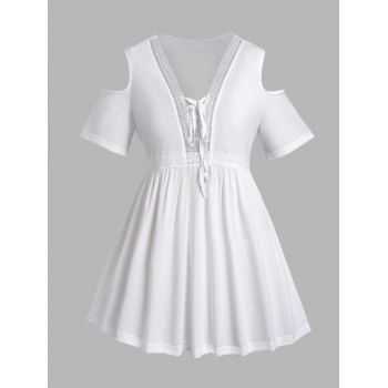 

Plus Size T Shirt Lace Panel Lace Up Plain Color Cold Shoulder Long Tee, White