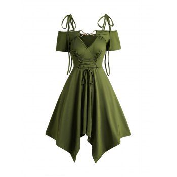 Cold Shoulder Lace Up Asymmetric Dress Tie Knot Shoulder Chain Solid Color Short Sleeve Dress, Deep green
Cold Shoulder Lace Up Asymmetric Dress Tie Knot Shoulder Chain Solid Color Short Sleeve Dress, Deep green