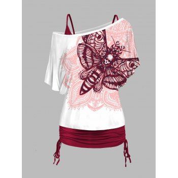 Flower Skull Butterfly Print Skew Collar T-shirt And Cinched V Neck Spaghetti Strap Camisole Two Piece Set, Deep red
Flower Skull Butterfly Print Skew Collar T-shirt And Cinched V Neck Spaghetti Strap Camisole Two Piece Set, Deep red