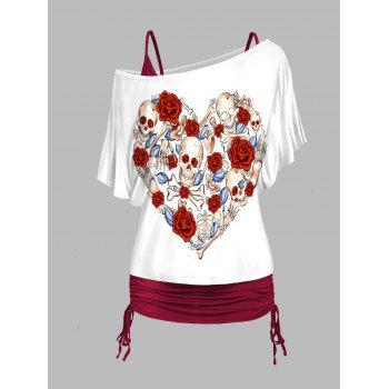 Skull Skeleton Rose Heart Print Skew Collar T-shirt And Cinched V Neck Spaghetti Strap Camisole Two Piece Set, Deep red
Skull Skeleton Rose Heart Print Skew Collar T-shirt And Cinched V Neck Spaghetti Strap Camisole Two Piece Set, Deep red