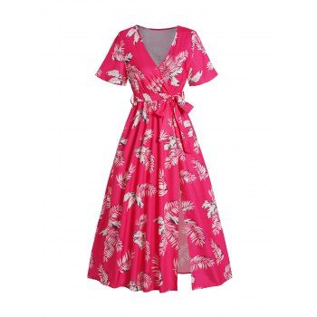 Tropical Leaf Allover Print Belt Surplice Dress High Split Short Sleeve Casual Midi Dress, Red
Tropical Leaf Allover Print Belt Surplice Dress High Split Short Sleeve Casual Midi Dress, Red
