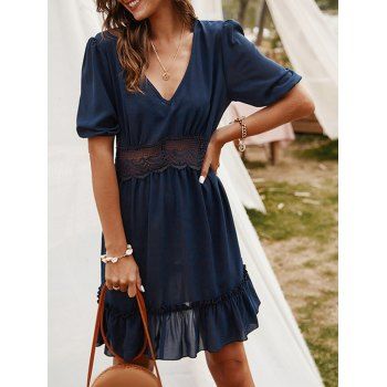 Hollow Out Ruffle Dress Solid Color Short Sleeve V Neck Casual Mini Dress, Deep blue
Hollow Out Ruffle Dress Solid Color Short Sleeve V Neck Casual Mini Dress, Deep blue