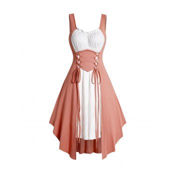 

Colorblock Lace Up Asymmetric Faux Twinset Dress Sleeveless Midi 2 In 1 Dress, Light orange