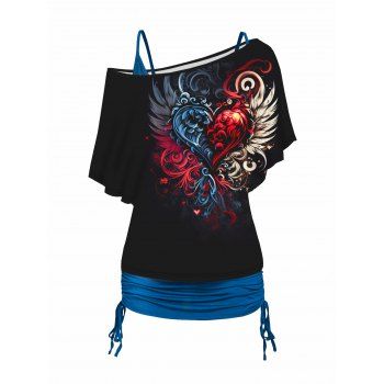 Heart Print Oblique Shoulder T Shirt and Plain Cinched Ruched Long Camisole Set, Black
Heart Print Oblique Shoulder T Shirt and Plain Cinched Ruched Long Camisole Set, Black