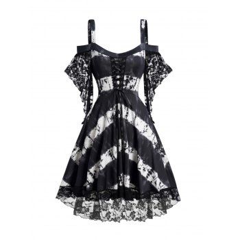 

Streak Dye Print Lace Up Dress Cold Shoulder Batwing Sleeve Asymmetrical Dress, Black