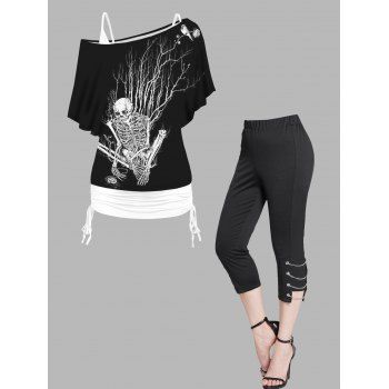 Skeleton Print Oblique Shoulder Cinched Ruched Tops and Lace Up Eyelet Capri Pants Casual Outfit, Multicolor
Skeleton Print Oblique Shoulder Cinched Ruched Tops and Lace Up Eyelet Capri Pants Casual Outfit, Multicolor