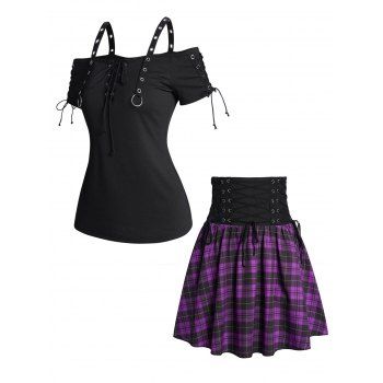 Cold Shoulder Grommet Lace Up T Shirt and Plaid Print High Waist Zipper Mini Skirt Casual Outfit, Multicolor
Cold Shoulder Grommet Lace Up T Shirt and Plaid Print High Waist Zipper Mini Skirt Casual Outfit, Multicolor