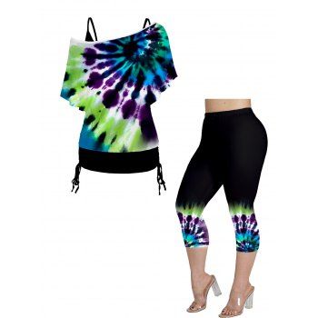 Plus Size Spiral Tie Dye Print Skew Neck Cinched Long Tops and Elastic Waist Capri Leggings Casual Outfit, Black
Plus Size Spiral Tie Dye Print Skew Neck Cinched Long Tops and Elastic Waist Capri Leggings Casual Outfit, Black