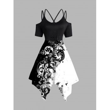 Colorblock Lace Up Dress Dual Strap Cold Shoulder Handkerchief Hem Midi Dress, Black
Colorblock Lace Up Dress Dual Strap Cold Shoulder Handkerchief Hem Midi Dress, Black